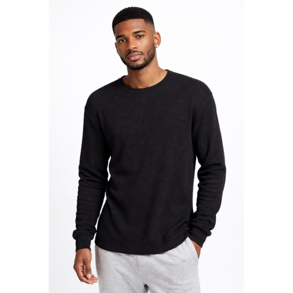 True Craft Mens Black Waffle Knit Thermal Long Sleeve Shirt‎ Crewneck L 77-39